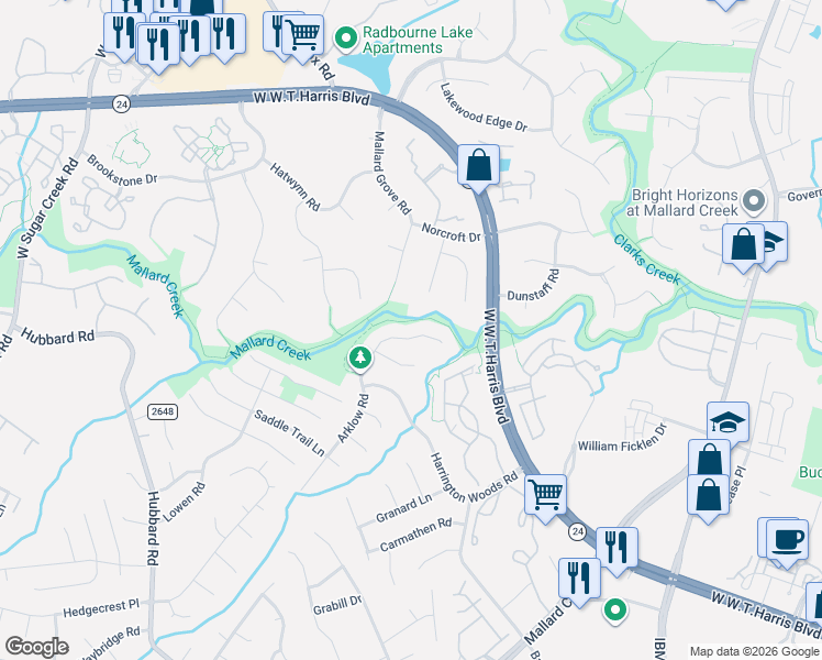 map of restaurants, bars, coffee shops, grocery stores, and more near 3528 Arklow Road in Charlotte