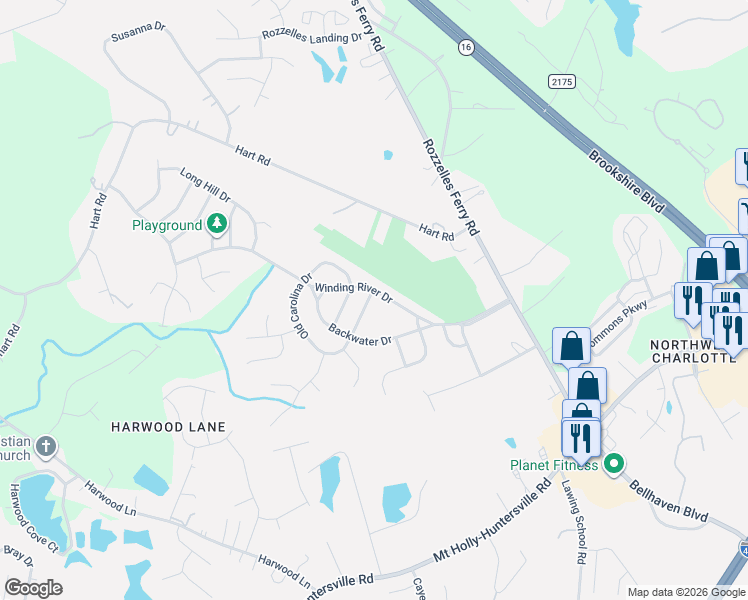 map of restaurants, bars, coffee shops, grocery stores, and more near 2716 Winding River Drive in Charlotte