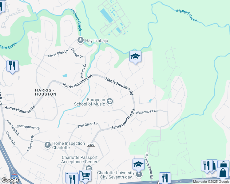 map of restaurants, bars, coffee shops, grocery stores, and more near 10832 Hunters Trace Court in Charlotte