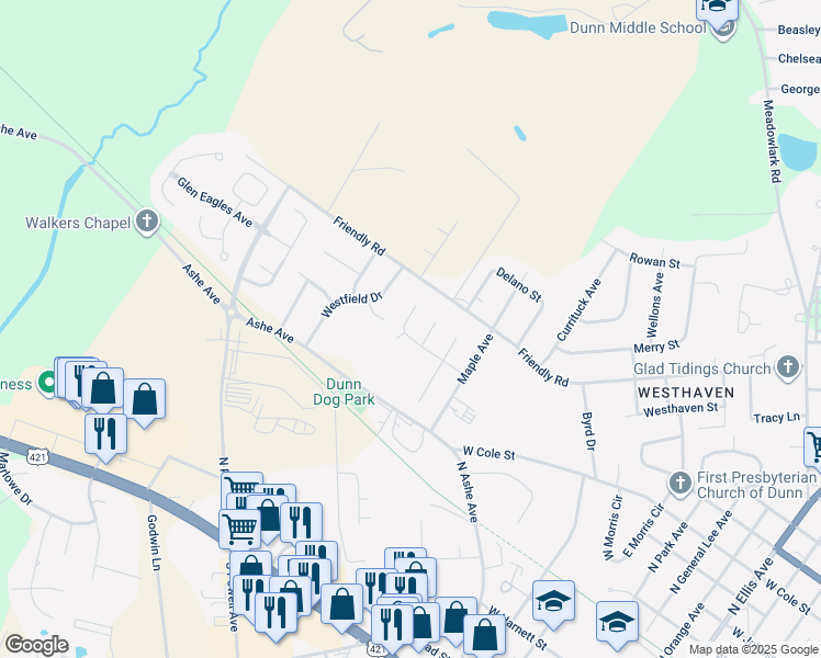 map of restaurants, bars, coffee shops, grocery stores, and more near 300 Village Square Drive in Dunn