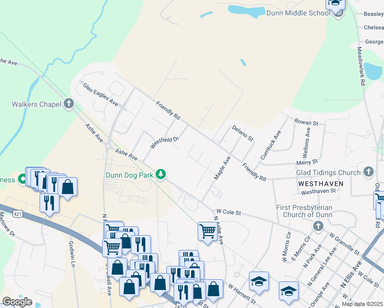 map of restaurants, bars, coffee shops, grocery stores, and more near 300 Village Square Drive in Dunn