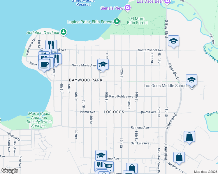 map of restaurants, bars, coffee shops, grocery stores, and more near 1467 10th Street in San Luis Obispo