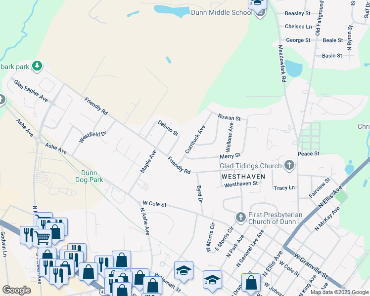 map of restaurants, bars, coffee shops, grocery stores, and more near 1503 Currituck Avenue in Dunn