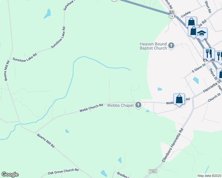 map of restaurants, bars, coffee shops, grocery stores, and more near 160 Odessa Park Road in Ellenboro