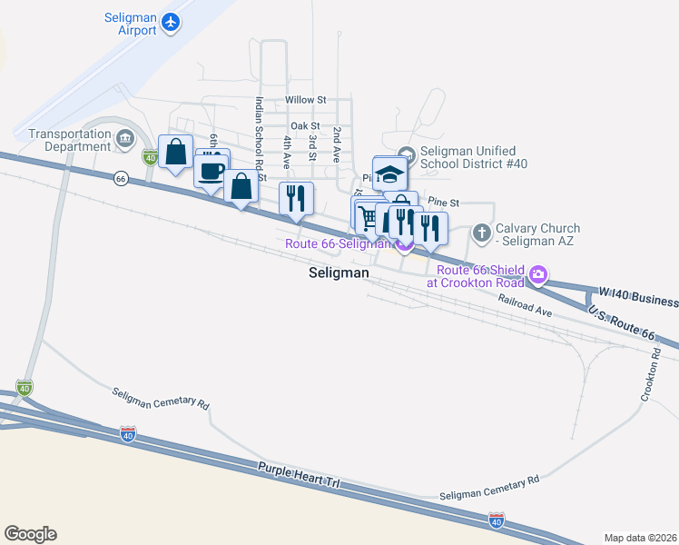 map of restaurants, bars, coffee shops, grocery stores, and more near in Seligman