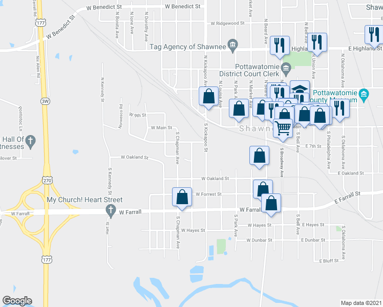 map of restaurants, bars, coffee shops, grocery stores, and more near 204 South Aydelotte Avenue in Shawnee