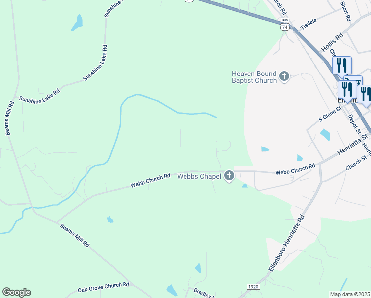 map of restaurants, bars, coffee shops, grocery stores, and more near 160 Odessa Park Road in Ellenboro