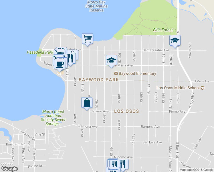 map of restaurants, bars, coffee shops, grocery stores, and more near 1434 8th Street in Baywood-Los Osos