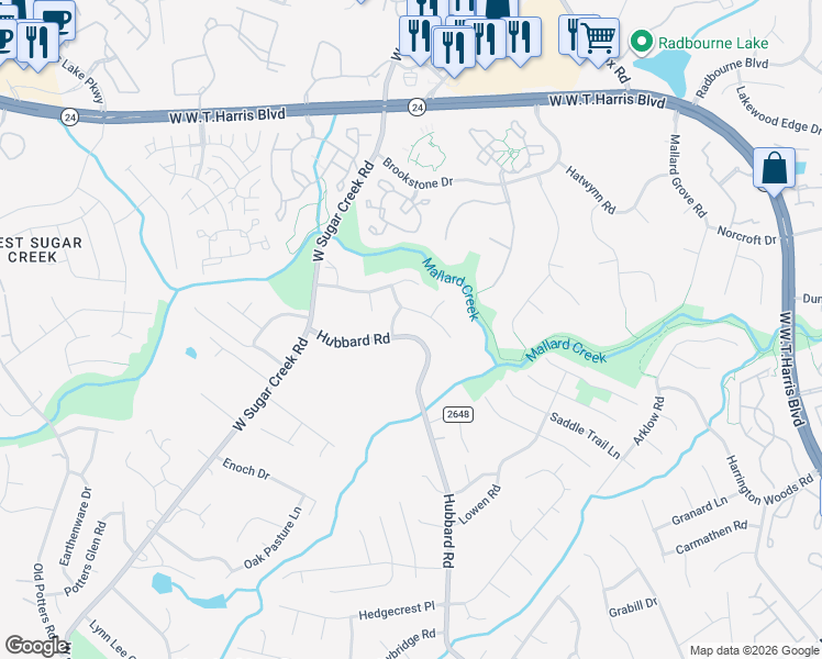 map of restaurants, bars, coffee shops, grocery stores, and more near 4205 Hubbard Road in Charlotte