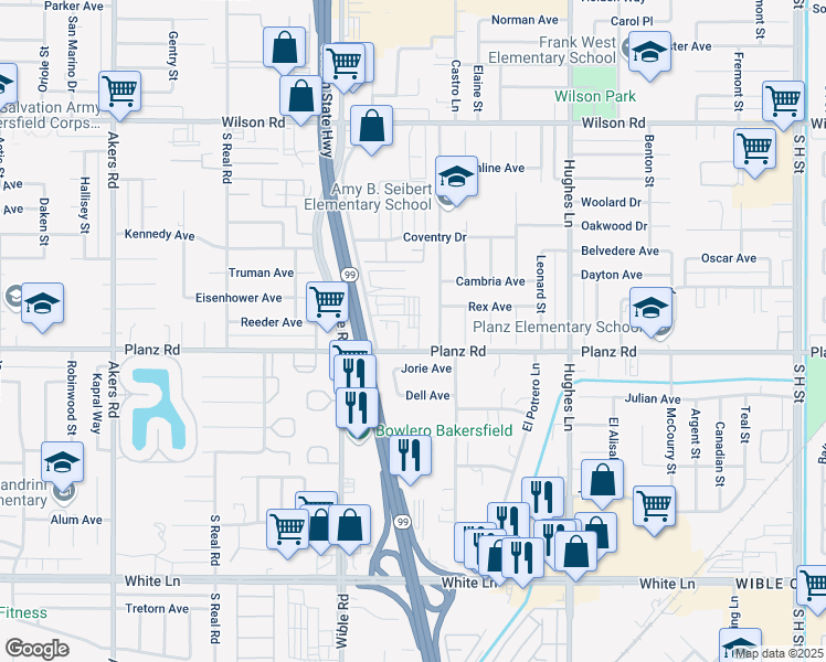 map of restaurants, bars, coffee shops, grocery stores, and more near 3000 Planz Road in Bakersfield