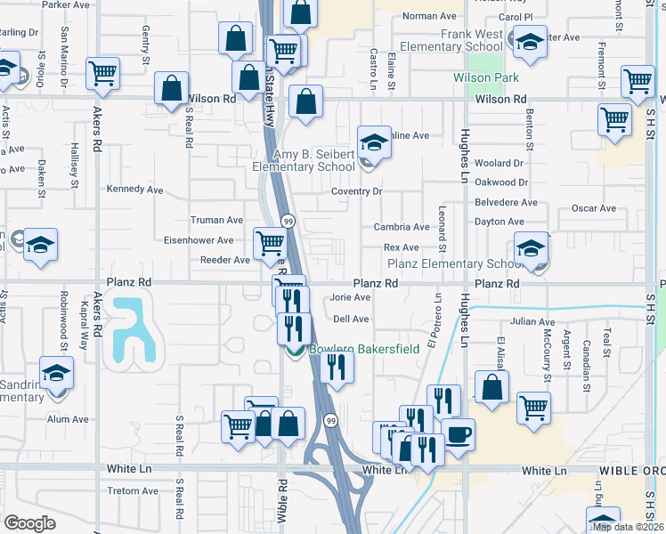 map of restaurants, bars, coffee shops, grocery stores, and more near 3104 Jorie Avenue in Bakersfield