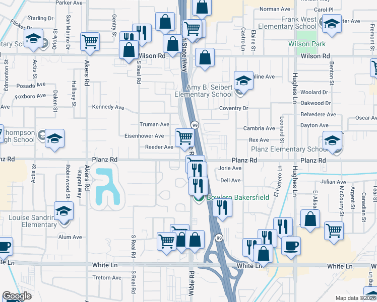 map of restaurants, bars, coffee shops, grocery stores, and more near 3300 Wible Road in Bakersfield