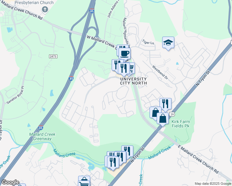 map of restaurants, bars, coffee shops, grocery stores, and more near 415 Berkeley Hill Drive in Charlotte