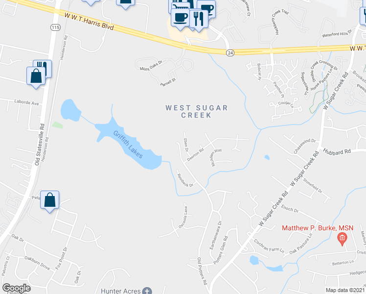 map of restaurants, bars, coffee shops, grocery stores, and more near 7511 Eben Drive in Charlotte