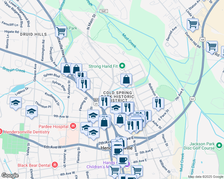 map of restaurants, bars, coffee shops, grocery stores, and more near 1020 Highland Avenue in Hendersonville