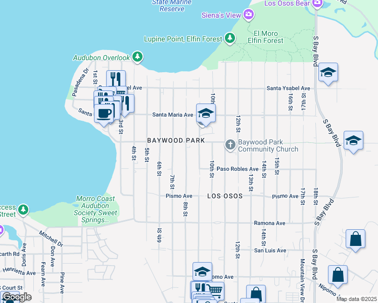 map of restaurants, bars, coffee shops, grocery stores, and more near 1434 8th Street in Baywood-Los Osos