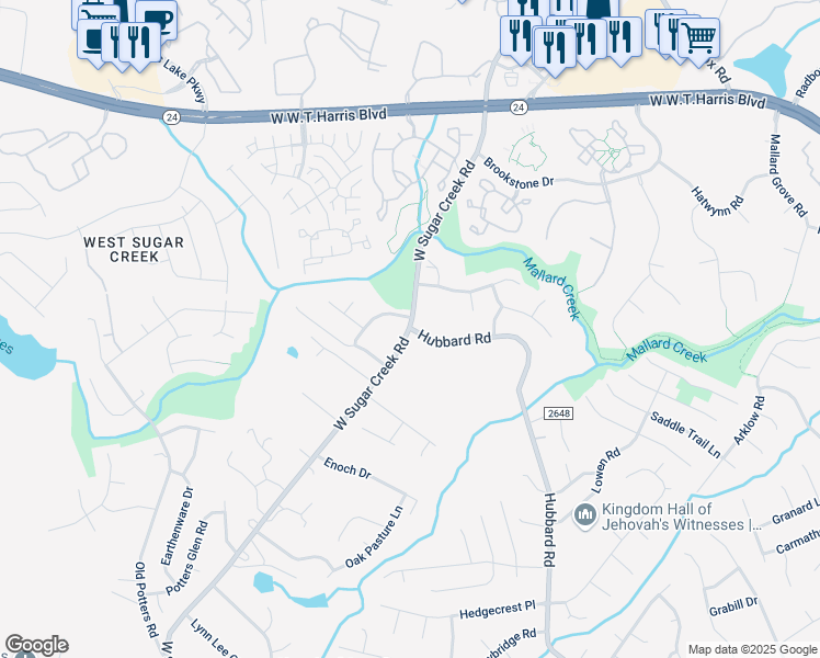 map of restaurants, bars, coffee shops, grocery stores, and more near W Sugar Creek Rd & Hubbard Rd in Charlotte