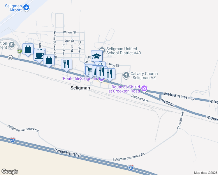 map of restaurants, bars, coffee shops, grocery stores, and more near 216 Railroad Avenue in Seligman
