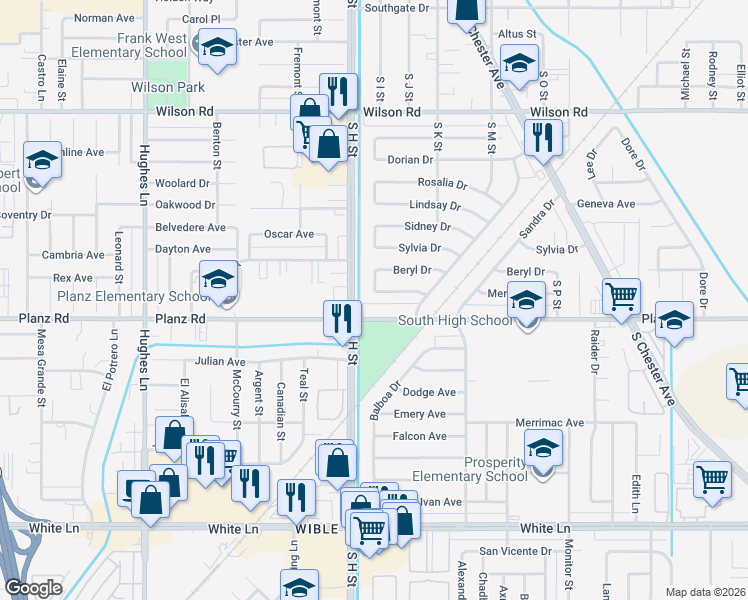 map of restaurants, bars, coffee shops, grocery stores, and more near 1600 Planz Road in Bakersfield