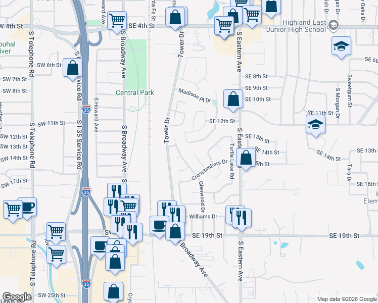 map of restaurants, bars, coffee shops, grocery stores, and more near 1515 Hollow Oak Street in Moore