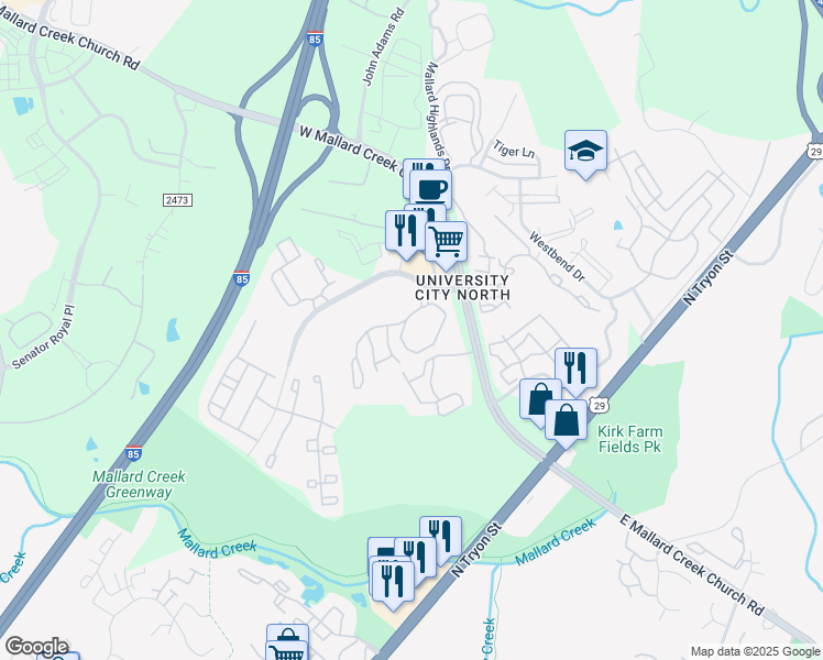 map of restaurants, bars, coffee shops, grocery stores, and more near 9920 Bonita Lane in Charlotte