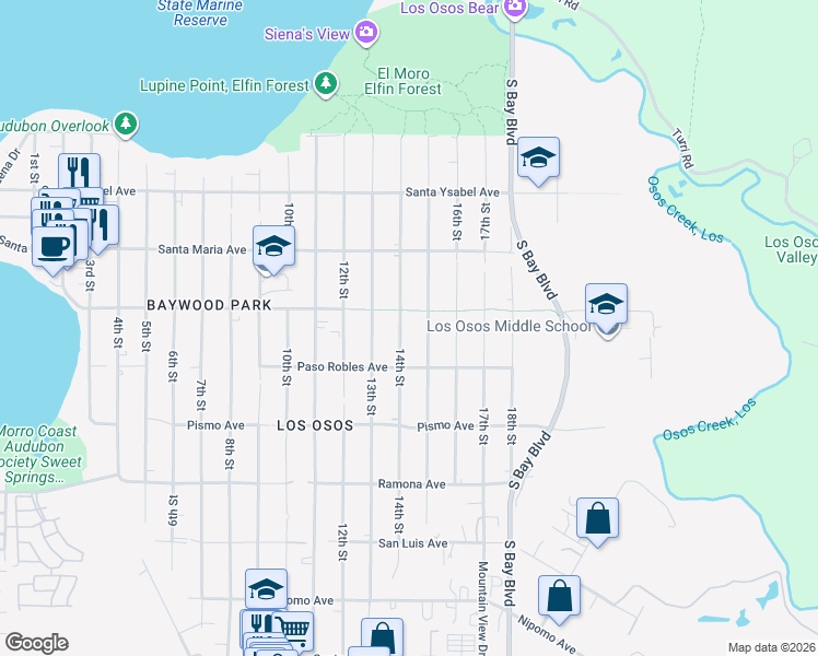 map of restaurants, bars, coffee shops, grocery stores, and more near 1459 14th Street in Baywood-Los Osos