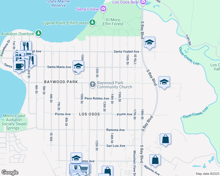 map of restaurants, bars, coffee shops, grocery stores, and more near 1429 14th Street in Baywood-Los Osos