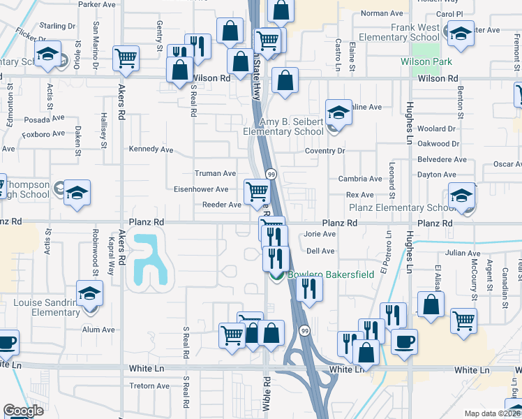 map of restaurants, bars, coffee shops, grocery stores, and more near 3300 Wible Road in Bakersfield