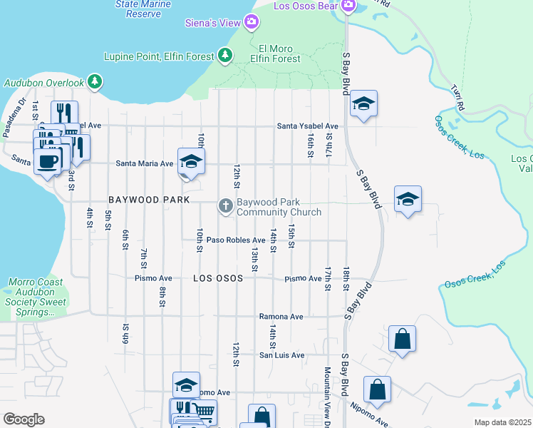 map of restaurants, bars, coffee shops, grocery stores, and more near 1429 14th Street in Baywood-Los Osos