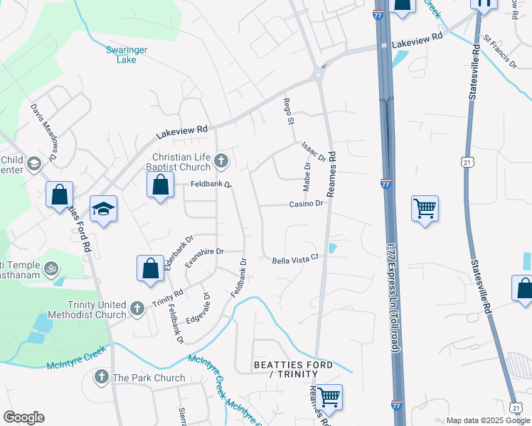 map of restaurants, bars, coffee shops, grocery stores, and more near 4900 Casino Drive in Charlotte