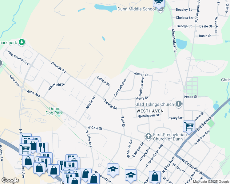 map of restaurants, bars, coffee shops, grocery stores, and more near 1503 Currituck Avenue in Dunn