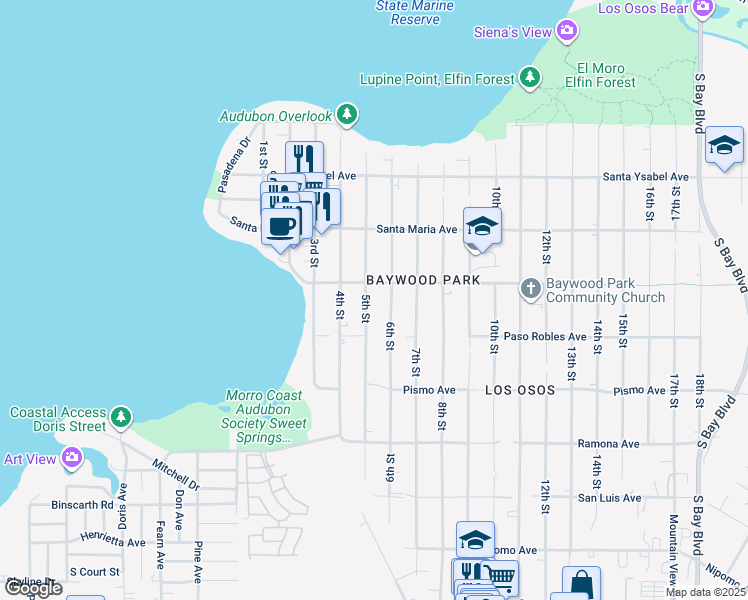 map of restaurants, bars, coffee shops, grocery stores, and more near 1420 5th Street in Baywood-Los Osos