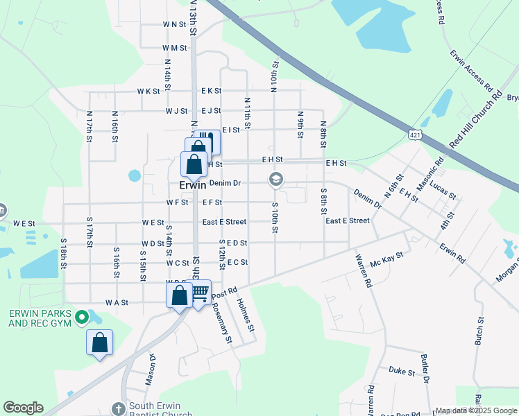 map of restaurants, bars, coffee shops, grocery stores, and more near 304 East E Street in Erwin