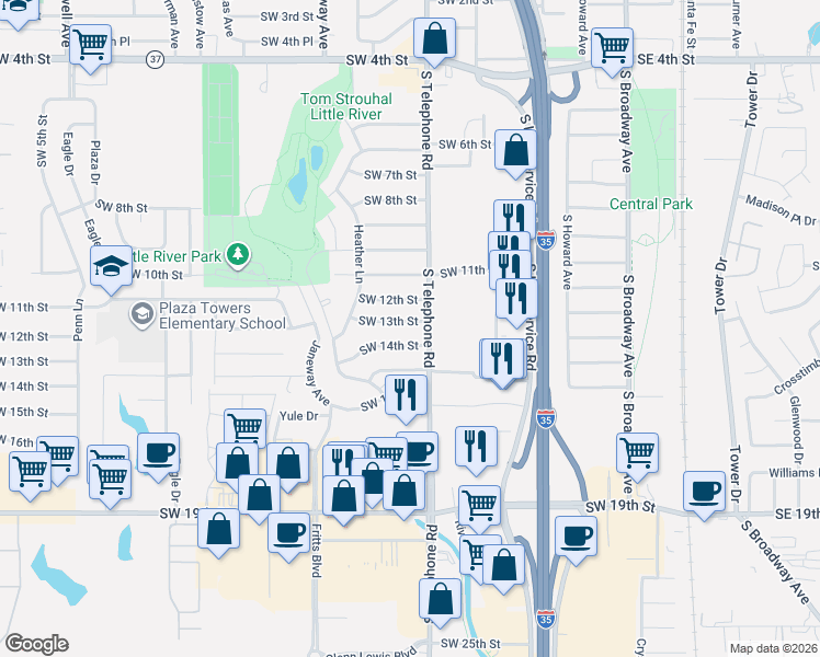 map of restaurants, bars, coffee shops, grocery stores, and more near 616 Southwest 14th Street in Moore