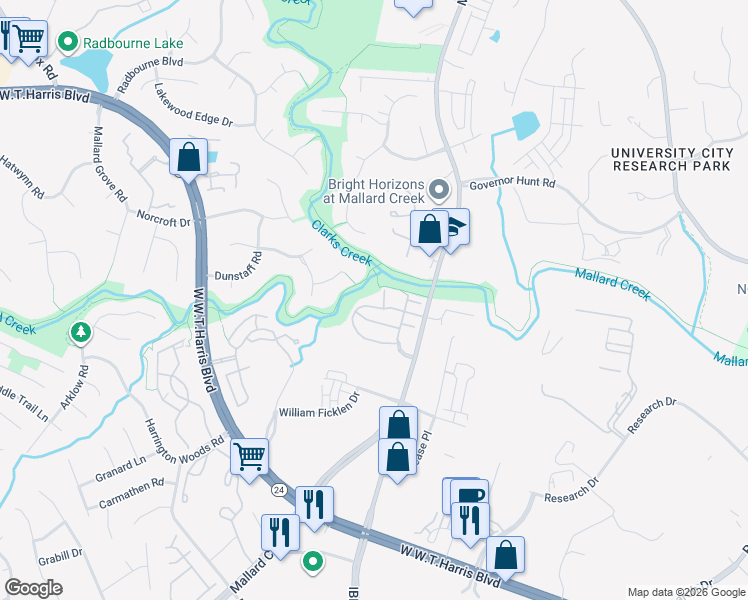 map of restaurants, bars, coffee shops, grocery stores, and more near 2305 Prestigious Lane in Charlotte