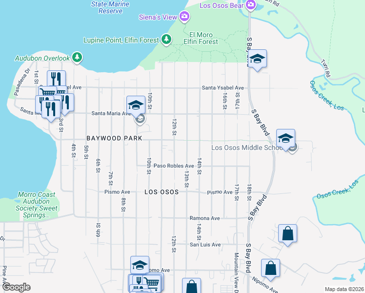 map of restaurants, bars, coffee shops, grocery stores, and more near 1421 13th Street in Baywood-Los Osos