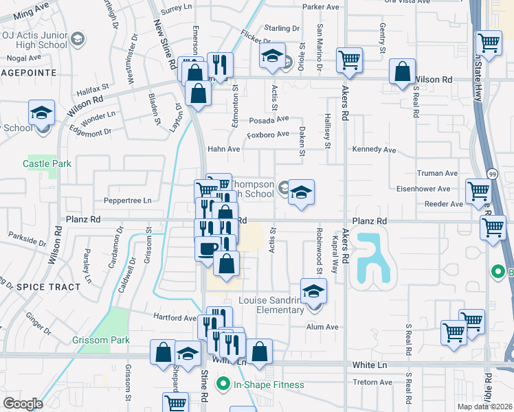 map of restaurants, bars, coffee shops, grocery stores, and more near 4517 Summer Side Avenue in Bakersfield