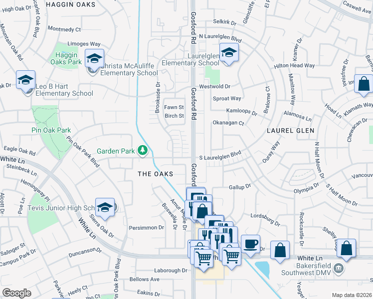 map of restaurants, bars, coffee shops, grocery stores, and more near 3210 Brookfield Loop in Bakersfield