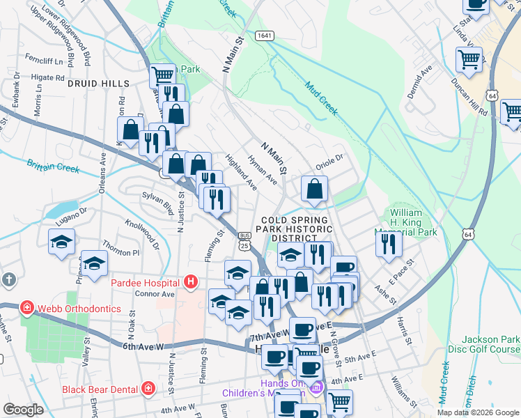 map of restaurants, bars, coffee shops, grocery stores, and more near 1126 Highland Avenue in Hendersonville