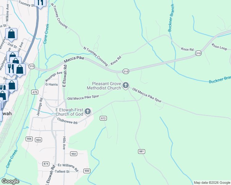 map of restaurants, bars, coffee shops, grocery stores, and more near 250 County Road 475 in Etowah
