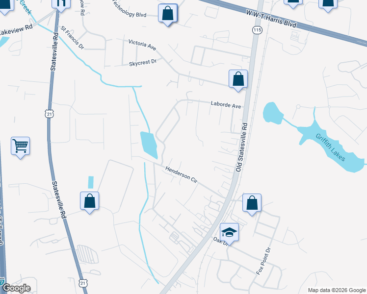 map of restaurants, bars, coffee shops, grocery stores, and more near 7519 Lena Claire Street in Charlotte
