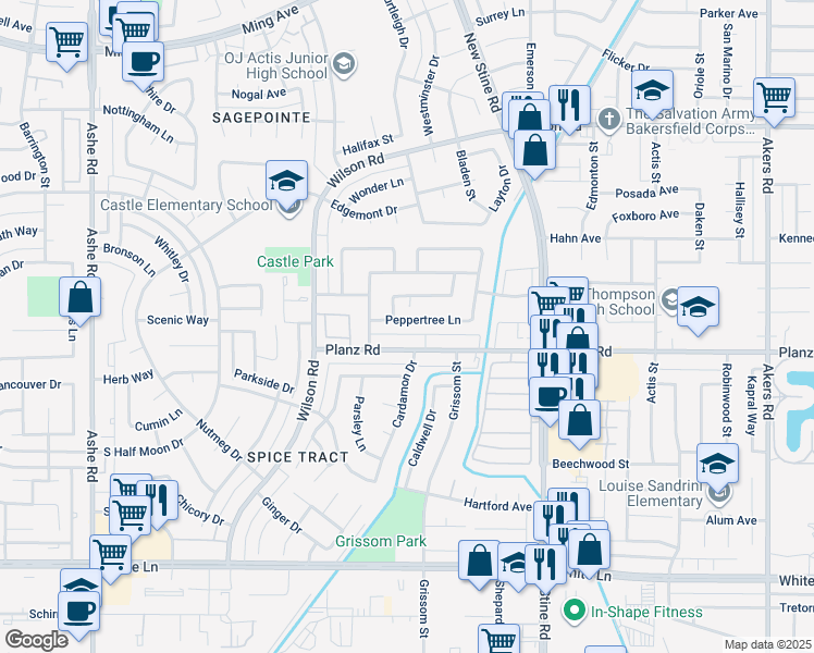map of restaurants, bars, coffee shops, grocery stores, and more near 5413 Peppertree Lane in Bakersfield