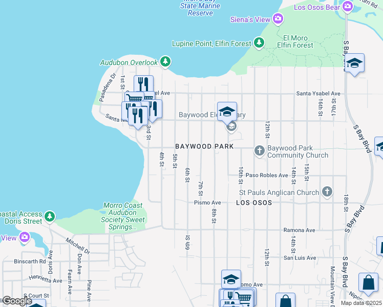 map of restaurants, bars, coffee shops, grocery stores, and more near 1412 6th Street in Baywood-Los Osos