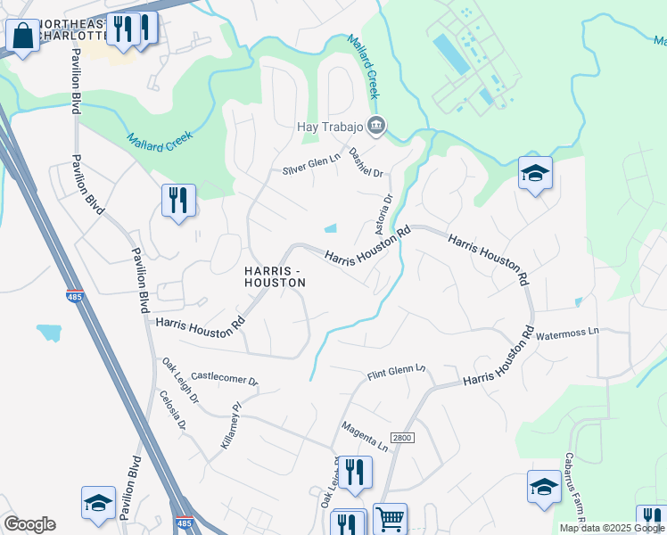 map of restaurants, bars, coffee shops, grocery stores, and more near 3500 Harris Houston Road in Charlotte