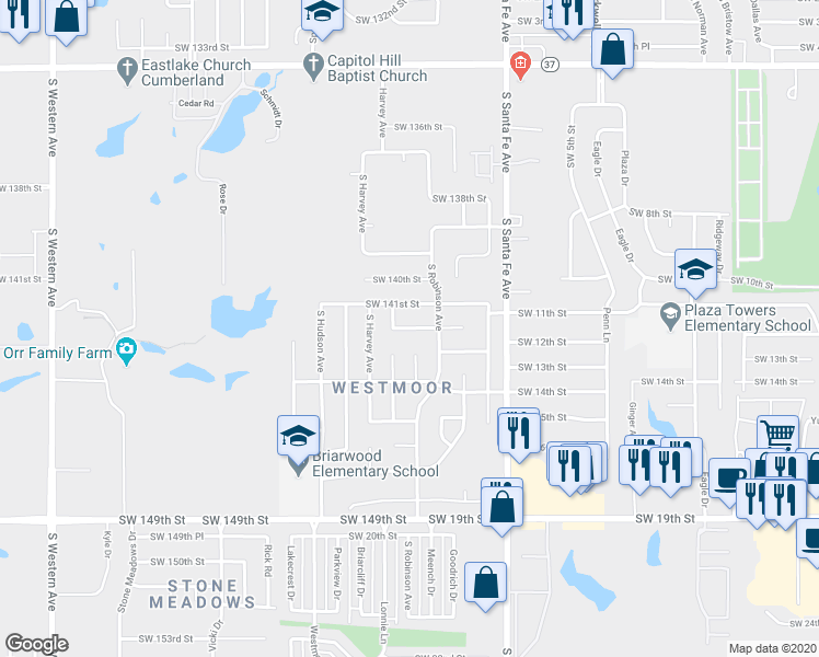 map of restaurants, bars, coffee shops, grocery stores, and more near 8425 Southwest 142nd Street in Oklahoma City