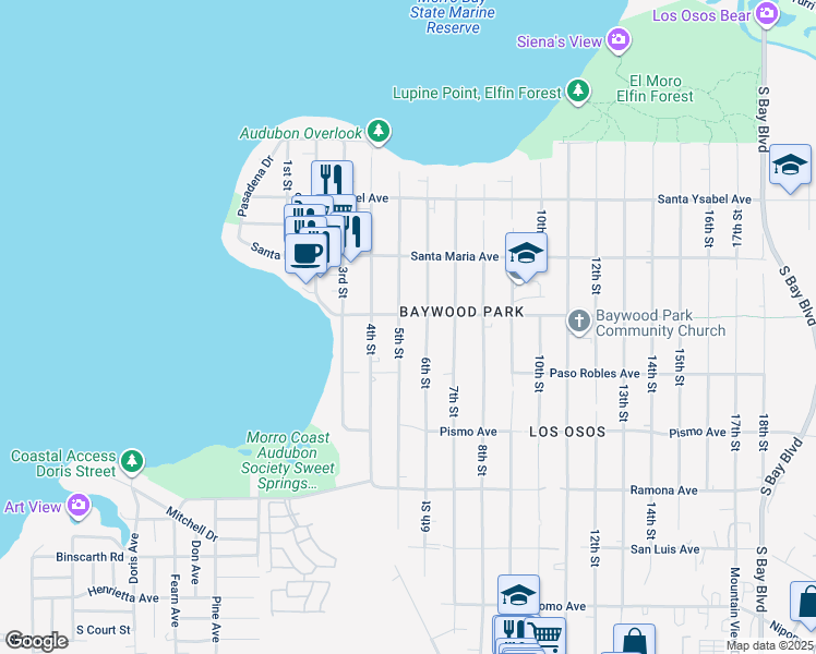map of restaurants, bars, coffee shops, grocery stores, and more near 1412 5th Street in Baywood-Los Osos