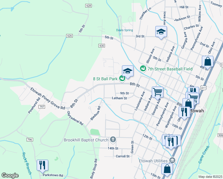 map of restaurants, bars, coffee shops, grocery stores, and more near 800 Scott Avenue in Etowah