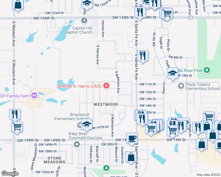 map of restaurants, bars, coffee shops, grocery stores, and more near 8421 Southwest 142nd Street in Oklahoma City