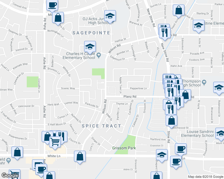 map of restaurants, bars, coffee shops, grocery stores, and more near 5717 Briarwood Lane in Bakersfield