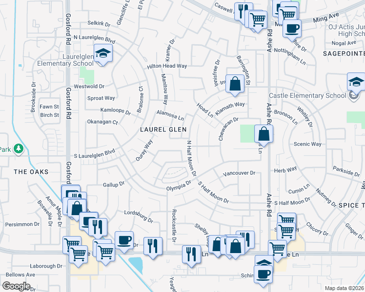 map of restaurants, bars, coffee shops, grocery stores, and more near 3108 Boulder Lane in Bakersfield